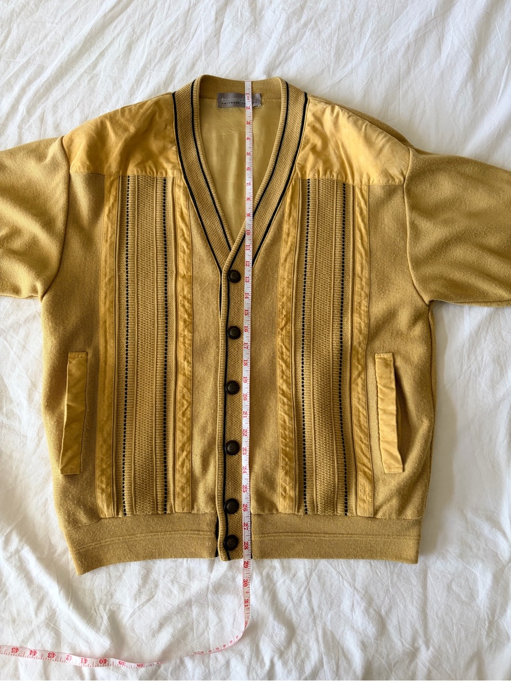 Men's Vintage Mustard Button-Front Cardigan with Contrast Trim - Picture 2 of 11
